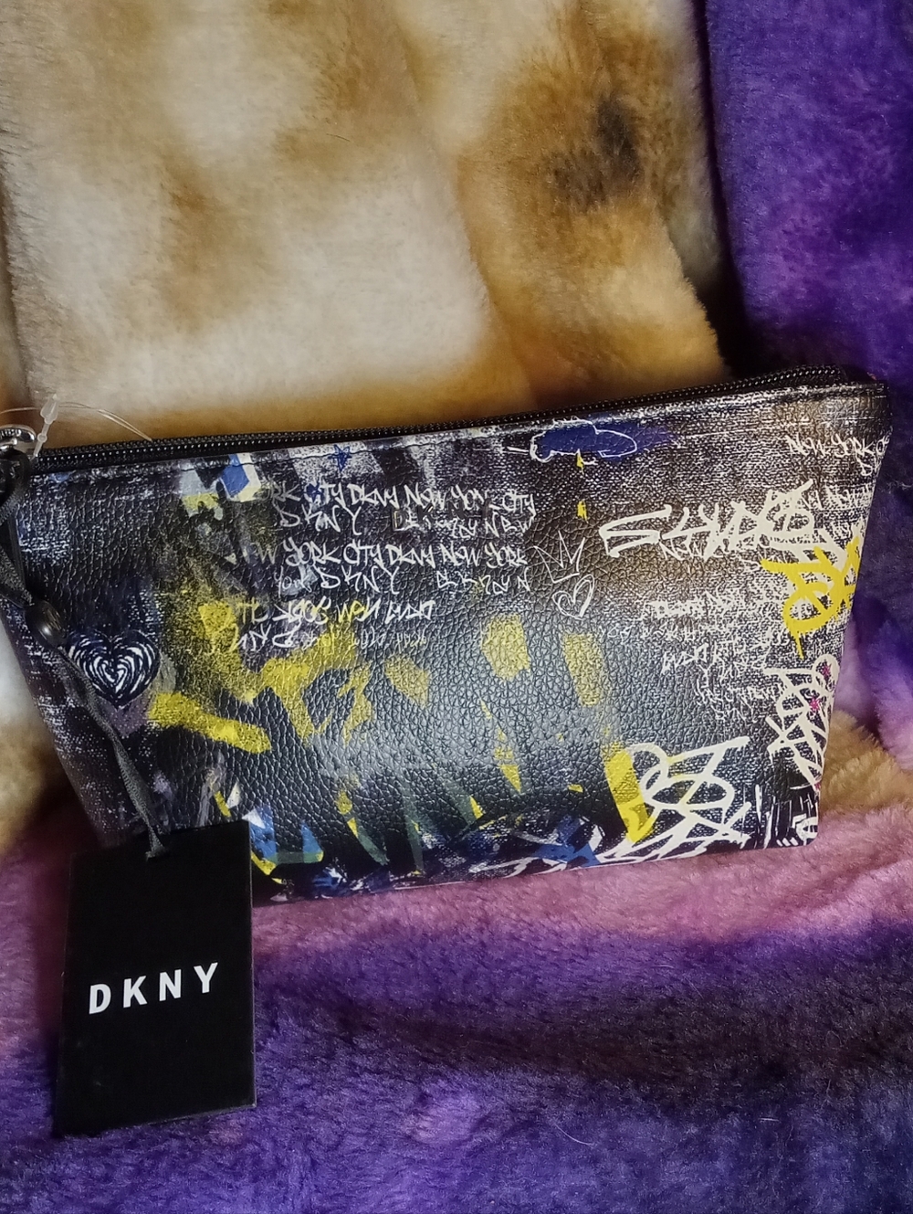 DKNY Black Graffiti Print Beanie Hat Pouch with Yellow & Blue Accents NWT